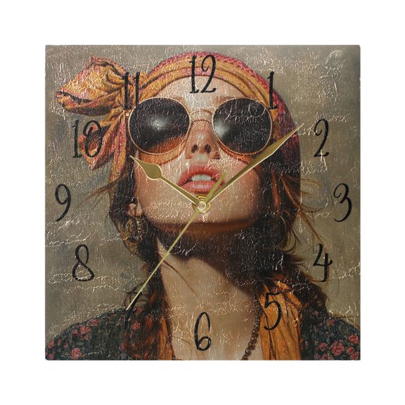 WOBOGO The Hippie Artist Wall Clock 7.78 Inch Battery Operated Silent Unit Square Rustic Vintage Style for Home Bedroom Office Gold Pointer
