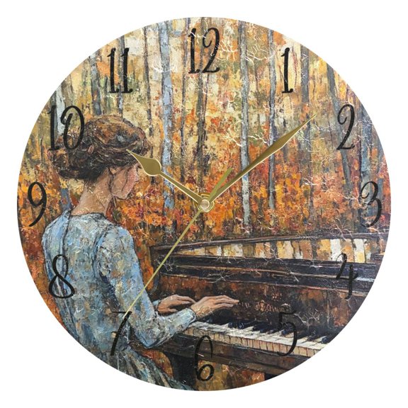 WOBOGO The Lass Plays The Piano Wall Clock 10in Silent Mechanism Battery Operated Retro Style for Living Room Bedroom and Kitchen Gold Pointer