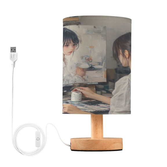 WOBOGO The Lass Who Paints Bedroom Table Lamp USB Power Connector Wooden Base Round Linen Shade For Living Room Desk