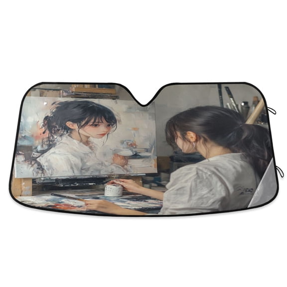 WOBOGO The Lass Who Paints Car Windshield Sunshades Autopilot Lightweight Accordion Sun Visor 53×23.5in