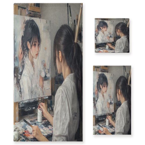 WOBOGO The Lass Who Paints Ultra Soft 3 Pack Cotton Towel Set Includes 60 x 30in Bath Towel 28 x 16in Face Towel and 13 x 13in Small Square Towel for Everyday Use Lightweight and Compact