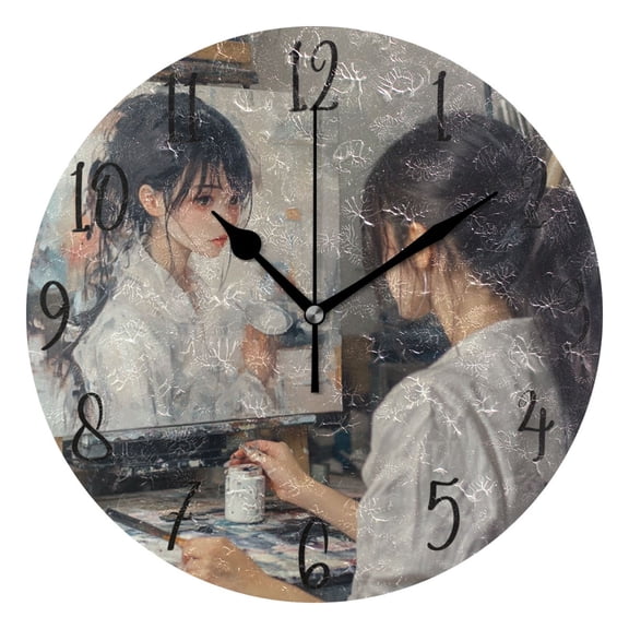 WOBOGO The Lass Who Paints Wall Clock 10in Silent Mechanism Battery Operated Retro Style for Living Room Bedroom and Kitchen Black Pointer
