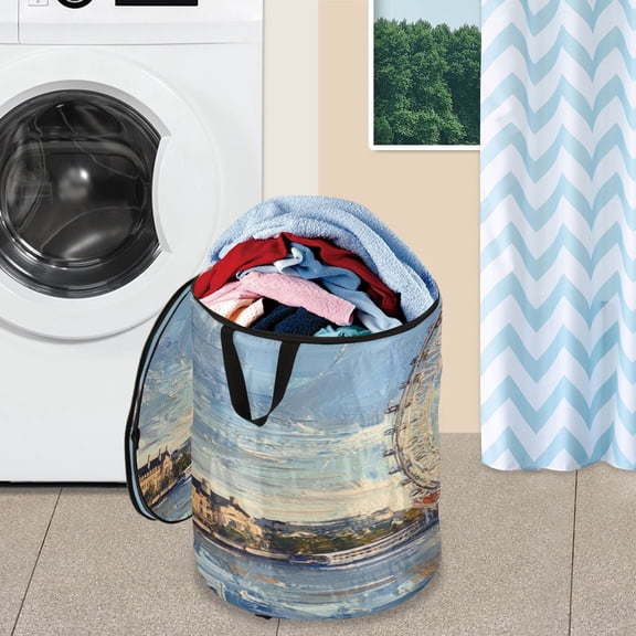 WOBOGO The London Eye Foldable Laundry Baskets with Carry Handle Zipper Closure Travel Bathroom College Dorm Essentials