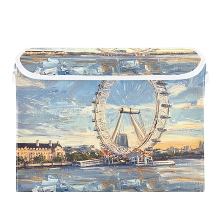 WOBOGO The London Eye Large Collapsible Storage Box Flip Lid Fabric Decorative Organizer Container Basket with Handles 16.5×12.6×11.8in