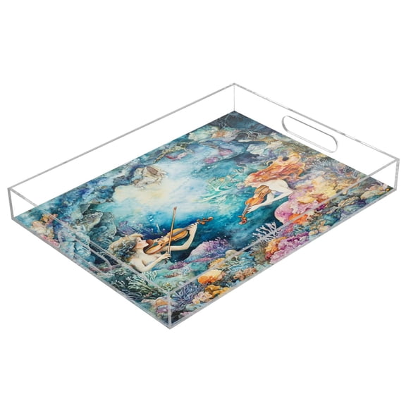 WOBOGO The Mermaid Plays Music Acrylic Serving Trays 15.7x11.8 Inch Spill Proof Clear Decorative Organizer with Handle