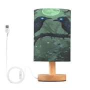 WOBOGO The Midnight Crow Bedroom Table Lamp USB Power Connector Wooden Base Round Linen Shade For Living Room Desk