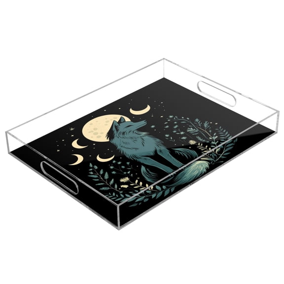 WOBOGO The Moon Fox Acrylic Serving Trays 15.7x11.8 Inch Spill Proof Clear Decorative Organizer with Handle
