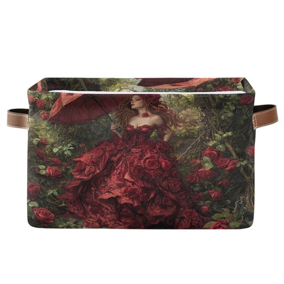WOBOGO The Rose Wedding Square Storage Basket with Waterproof Canvas and PE Lining Durable PU Leather Handles 14.2×10.2×8.3in