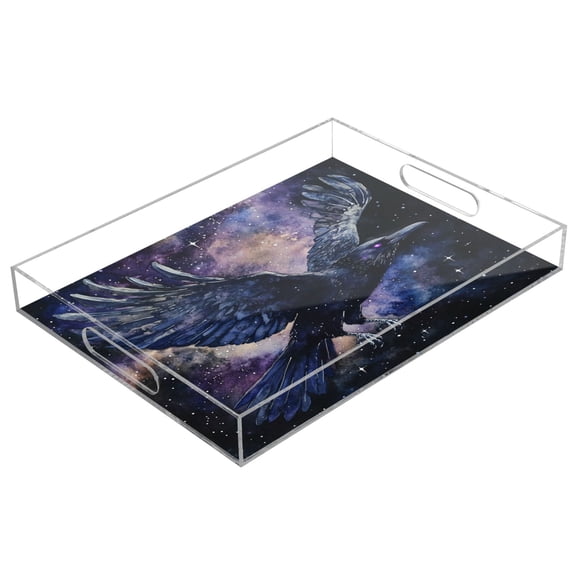 WOBOGO The Starry Night Crow Acrylic Serving Trays 15.7x11.8 Inch Spill Proof Clear Decorative Organizer with Handle