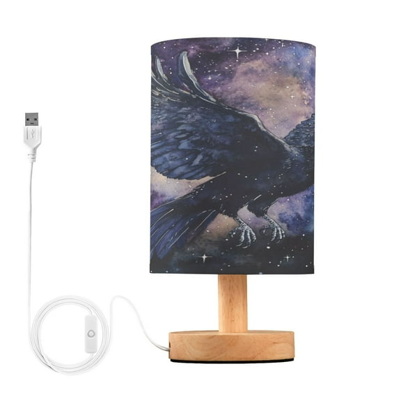 WOBOGO The Starry Night Crow Bedroom Table Lamp USB Power Connector Wooden Base Round Linen Shade For Living Room Desk