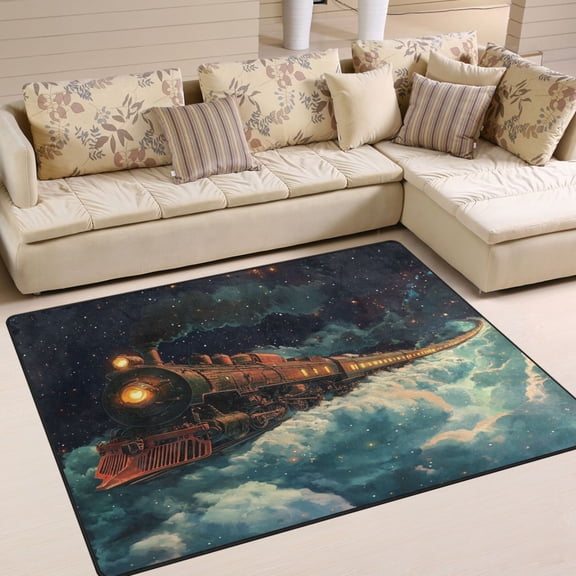 WOBOGO The Train Travels in Space Carpet Non-Slip Rugs Soft Doormat 80×58in Living Dining Room Bedroom Decorative