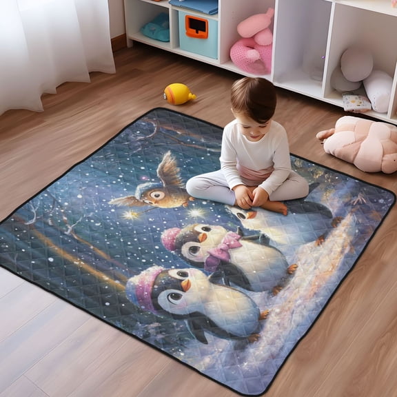 WOBOGO Three Cute Cartoon Penguins Baby Playmats Extra Large Waterproof Rollable Activity Pads for Toddlers 5050inch