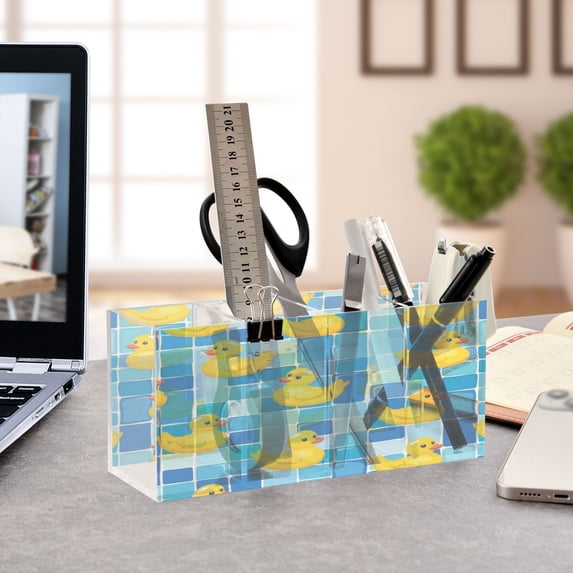 WOBOGO Tile Yellow Duck Acrylic Pen Holder 4 Compartments Clear Pencil Organizer Makeup Brush Storage Case