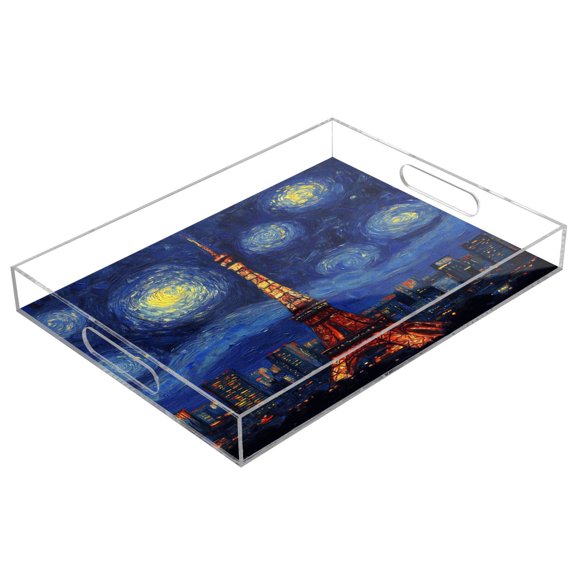 WOBOGO Tokyo Tower Night View Acrylic Serving Trays 15.7x11.8 Inch Spill Proof Clear Decorative Organizer with Handle