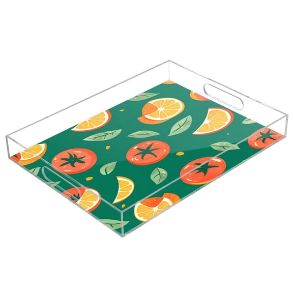 WOBOGO Tomato Orange Pattern Acrylic Serving Trays 15.7x11.8 Inch Spill Proof Clear Decorative Organizer with Handle