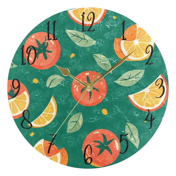WOBOGO Tomato Orange Pattern Wall Clock 10in Silent Mechanism Battery Operated Retro Style for Living Room Bedroom and Kitchen Gold Pointer