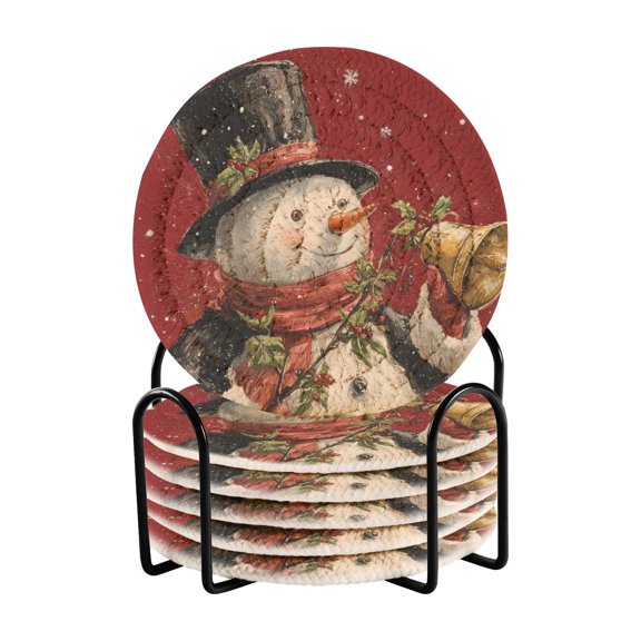 WOBOGO Top Hat Snowman Coil Coasters Set of 6 Minimalist Cotton Woven 3.94 inch Non-Slip Insulated and Absorbent Home Accessories.