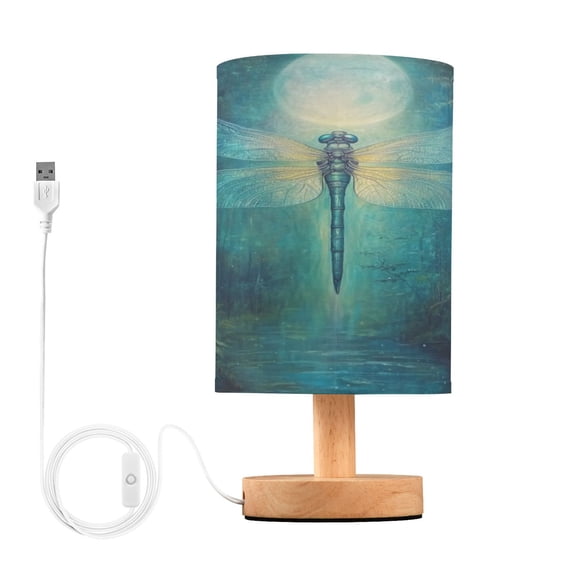 WOBOGO Tranquility Dragonfly Bedroom Table Lamp USB Power Connector Wooden Base Round Linen Shade For Living Room Desk