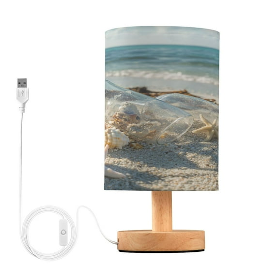 WOBOGO Transparent Broken Drift Bottle Bedroom Table Lamp USB Power Connector Wooden Base Round Linen Shade For Living Room Desk