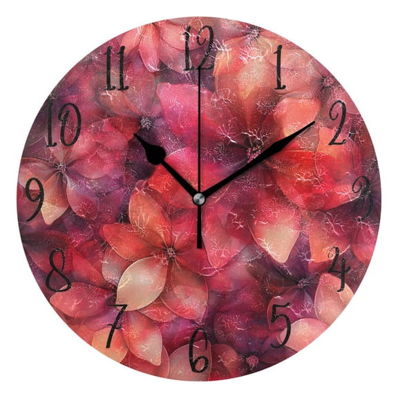 WOBOGO Transparent Red Flowers Wall Clock 10in Silent Mechanism Battery Operated Retro Style for Living Room Bedroom and Kitchen Black Pointer