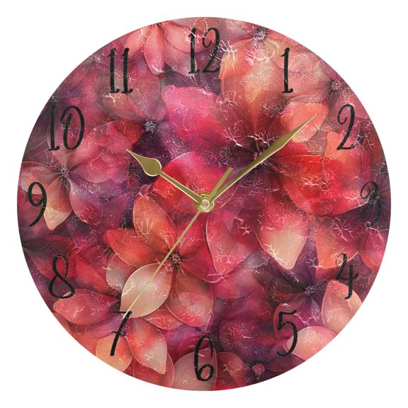 WOBOGO Transparent Red Flowers Wall Clock 10in Silent Mechanism Battery Operated Retro Style for Living Room Bedroom and Kitchen Gold Pointer