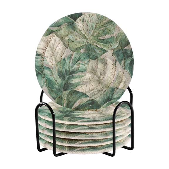 WOBOGO Tropical Leaves Coil Coasters Set of 6 Minimalist Cotton Woven 3.94 inch Non-Slip Insulated and Absorbent Home Accessories.
