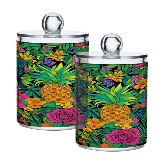 WOBOGO Tropical Pineapple Transparent Plastic Jar 2pcs Cotton Swabs Balls Pads Floss Stick Dispenser Bathroom Vanity Storage Organizer