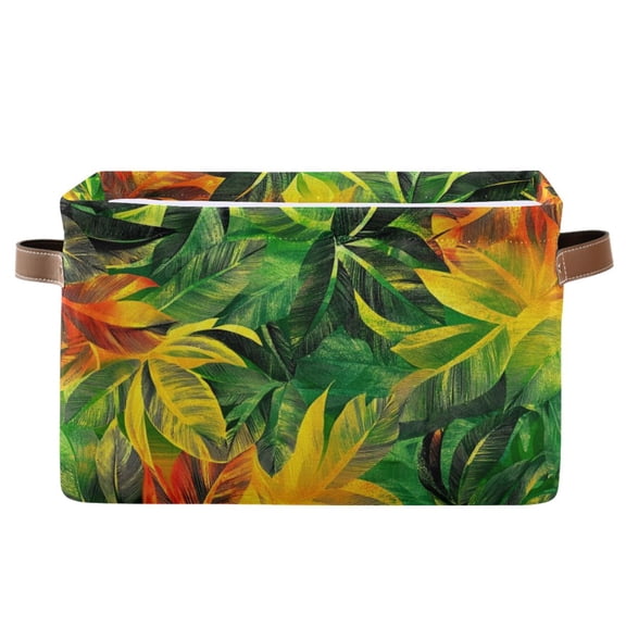 WOBOGO Tropical Summer Leaf Pattern Square Storage Basket with Waterproof Canvas and PE Lining Durable PU Leather Handles 14.2×10.2×8.3in