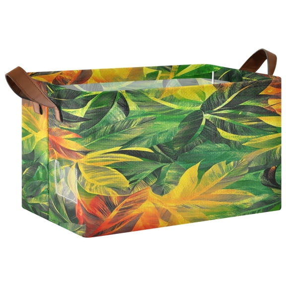 WOBOGO Tropical Summer Leaf Pattern Storage Basket 16.9×11.4×10in Collapsible Oversized with Metal Iron Frame Set of 2