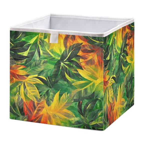 WOBOGO Tropical Summer Leaf Pattern Storage Basket Foldable Easy to Clean Durable with Hollow Support Plate with Handle 11.02×11.02×11.02 in