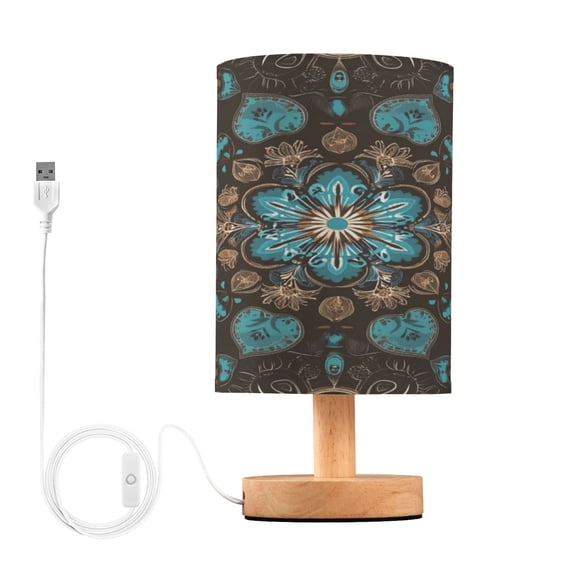 WOBOGO Turquoise Mandalas Bedroom Table Lamp USB Power Connector Wooden Base Round Linen Shade For Living Room Desk
