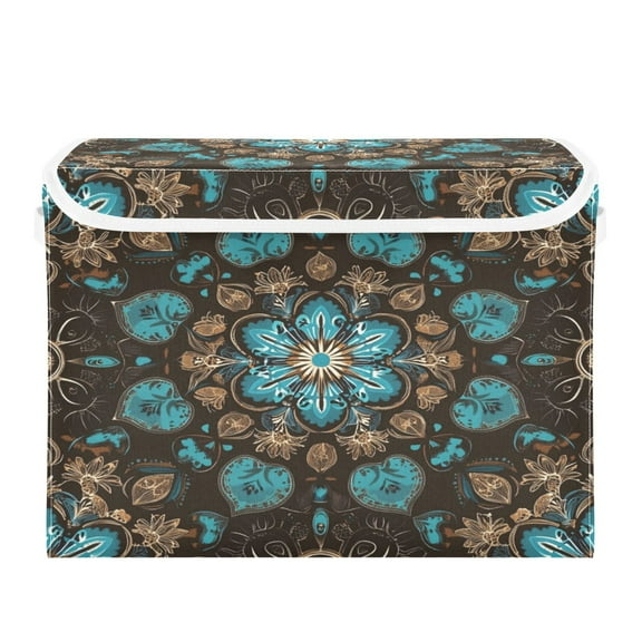 WOBOGO Turquoise Mandalas Large Collapsible Storage Box Flip Lid Fabric Decorative Organizer Container Basket with Handles 16.512.611.8in