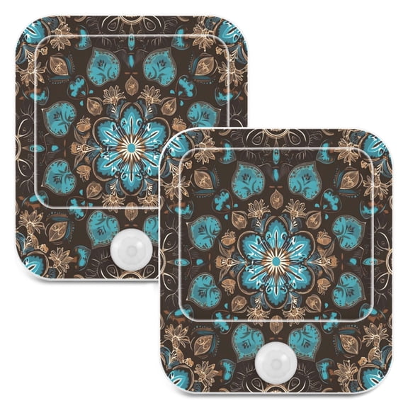 WOBOGO Turquoise Mandalas Night Light Lamp Set of 2 with Smart Sensor Dusk to Dawn Sensor 0.6W Plug-in