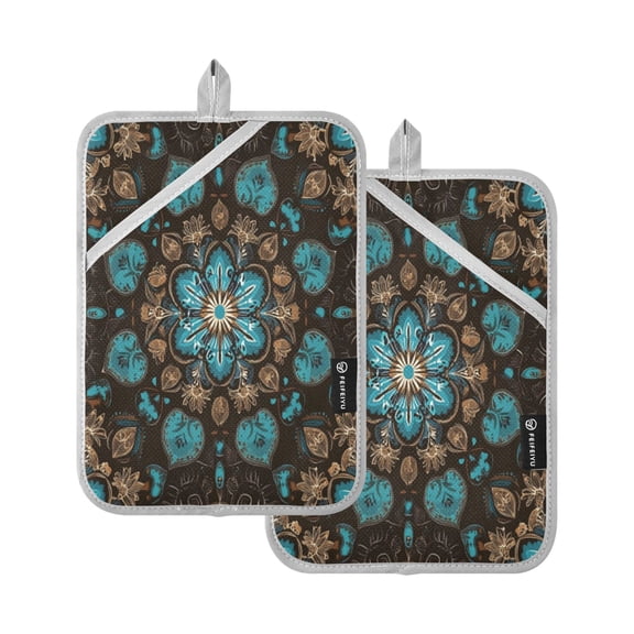 WOBOGO Turquoise Mandalas Oven Mitts 2 Piece Heat Resistant 338 Degrees F Square Insulation Pads for A Wide Range of Cooking Occasions