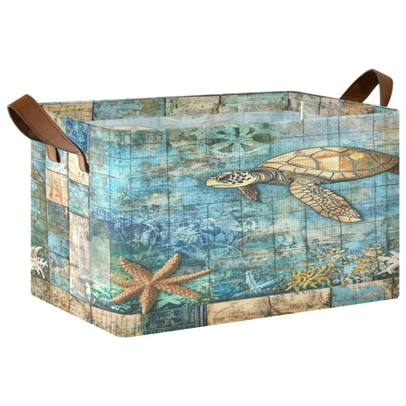 WOBOGO Turtle Coral Figure Storage Basket 16.9×11.4×10in Collapsible Oversized with Metal Iron Frame Set of 2