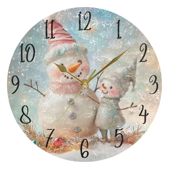 WOBOGO Two Cute Christmas Snowmen Wall Clock 10in Silent Mechanism Battery Operated Retro Style for Living Room Bedroom and Kitchen Gold Pointer