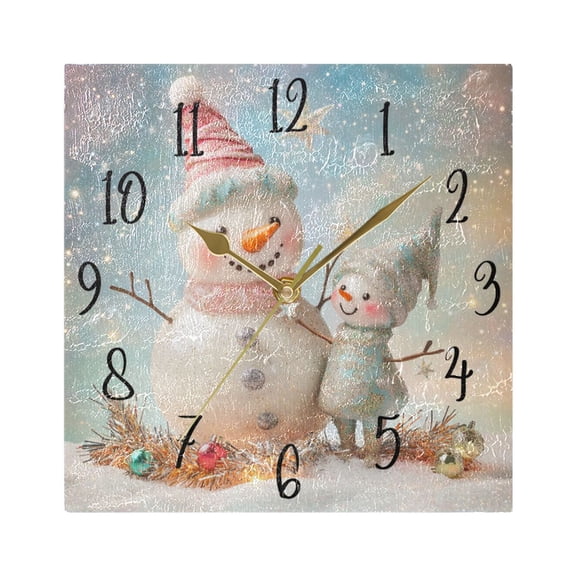 WOBOGO Two Cute Christmas Snowmen Wall Clock 7.78 Inch Battery Operated Silent Unit Square Rustic Vintage Style for Home Bedroom Office Gold Pointer
