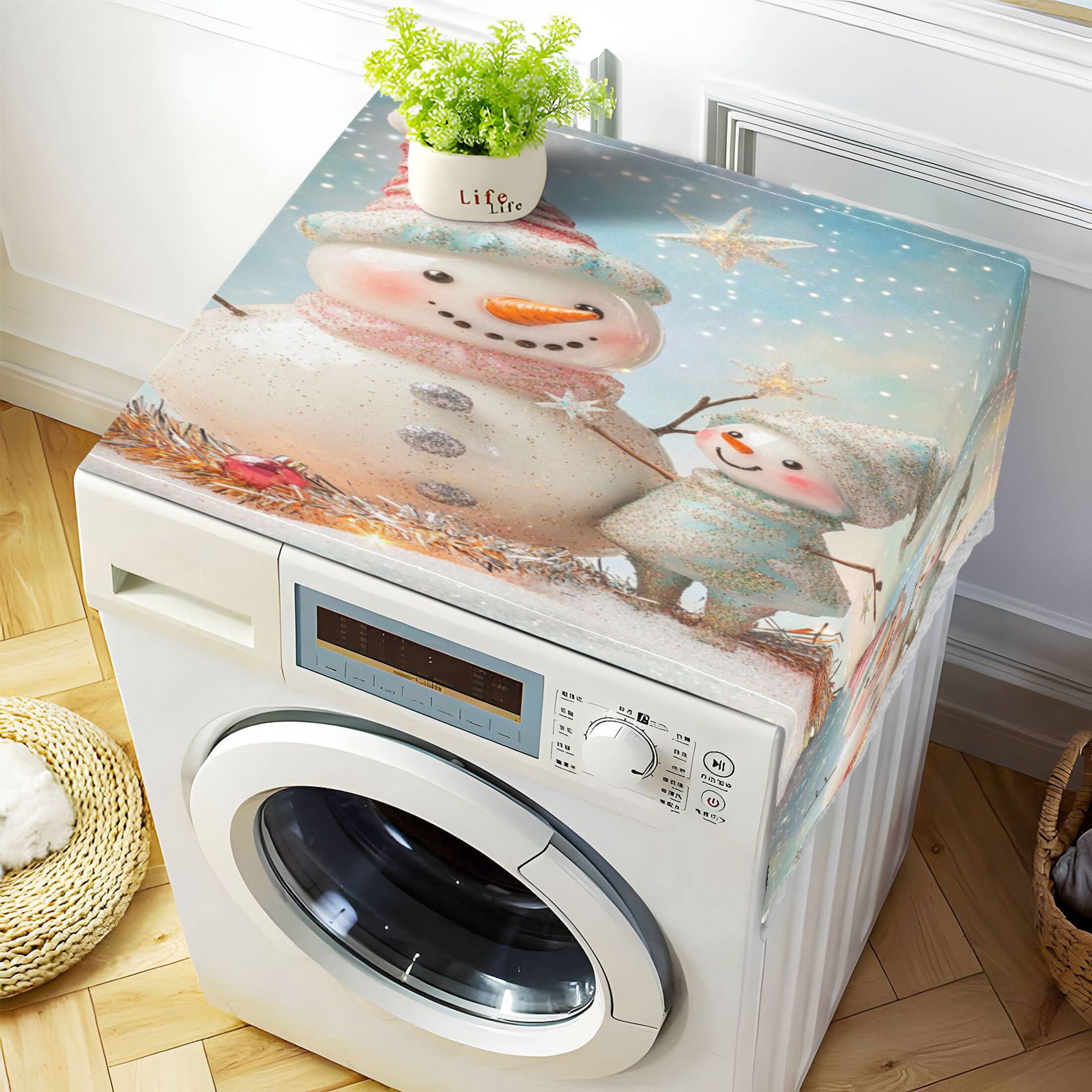 WOBOGO Two Cute Christmas Snowmen Washing Machine Cloth Dryer Refrigerator Top Cover Protective Non-Slip Mat For Kitchen Laundry