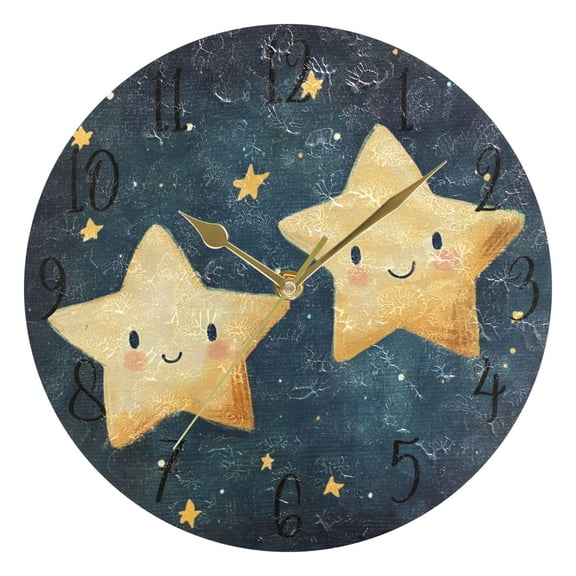 WOBOGO Two Cute Stars Wall Clock 10in Silent Mechanism Battery Operated Retro Style for Living Room Bedroom and Kitchen Gold Pointer