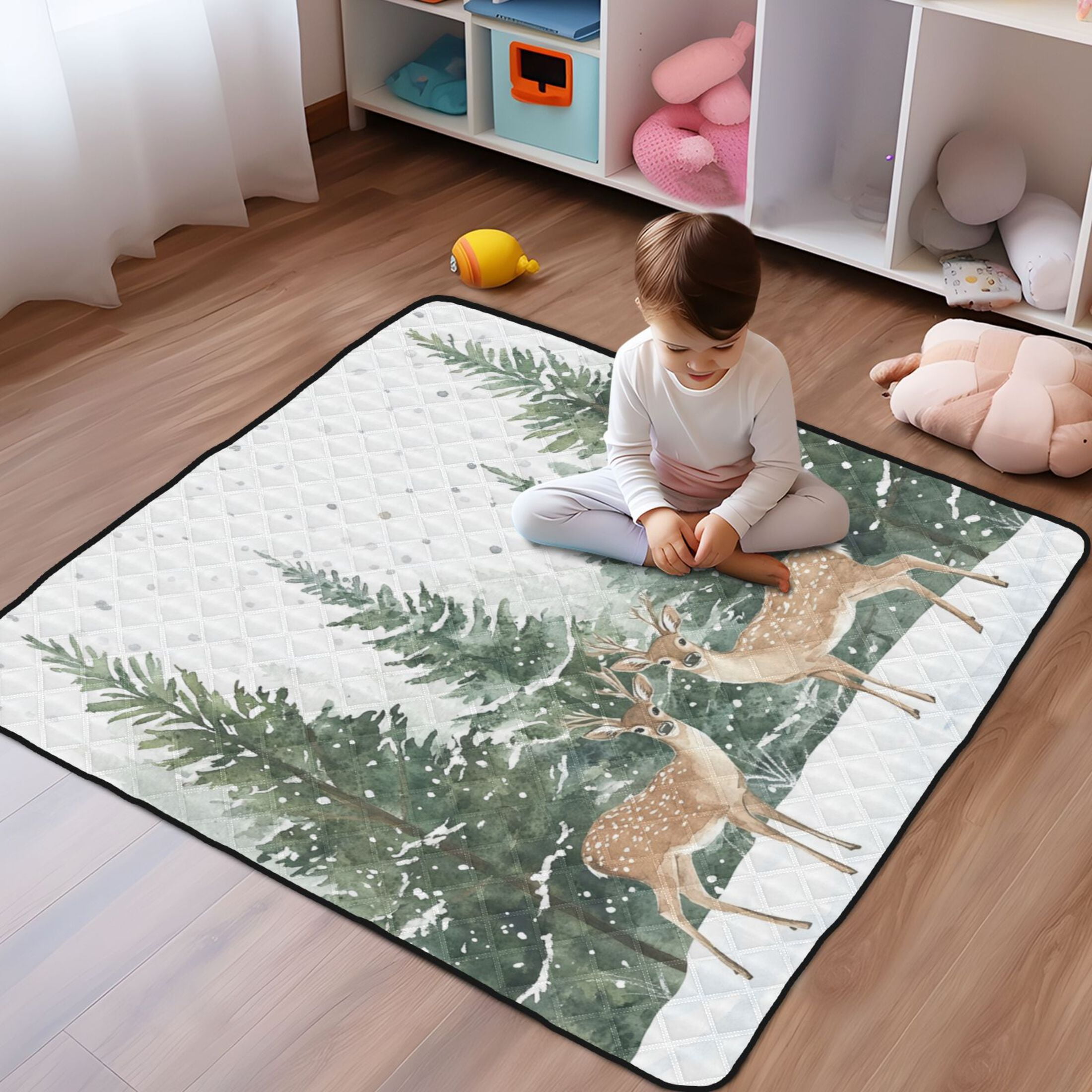 WOBOGO Two Deer Are in The Snow Baby Playmats Extra Large Waterproof Rollable Activity Pads for Toddlers 50×50inch