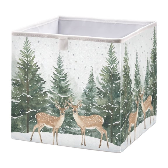 WOBOGO Two Deer Are in The Snow Storage Basket Foldable Easy to Clean Durable with Hollow Support Plate with Handle 11.02×11.02×11.02 in