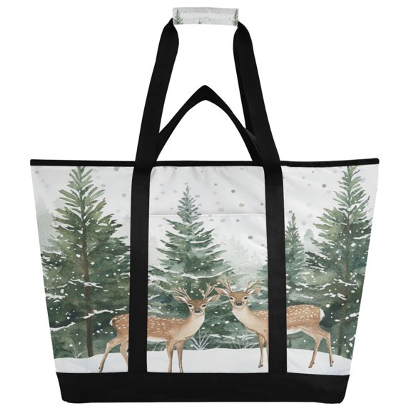 WOBOGO Two Deer Are in The Snow Tote Cooler Bag Fold Flat Insulated Shopping Bag With Zipper For Work Picnic Beach Use 18×6.7×24in