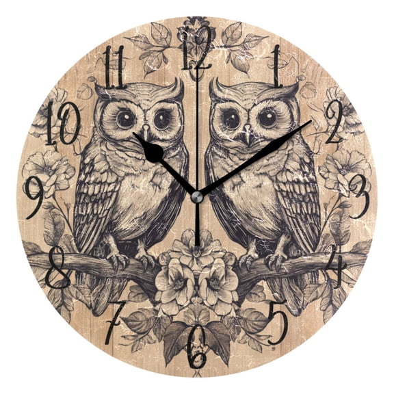 WOBOGO Two Owls Sitting on Opposite Branches Wall Clock 10in Silent Mechanism Battery Operated Retro Style for Living Room Bedroom and Kitchen Black Pointer