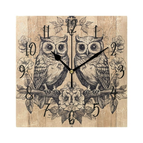 WOBOGO Two Owls Sitting on Opposite Branches Wall Clock 7.78 Inch Battery Operated Silent Unit Square Rustic Vintage Style for Home Bedroom Office Black Pointer