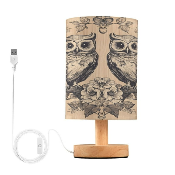 WOBOGO Two Owls Sitting on Opposite Branches Bedroom Table Lamp USB Power Connector Wooden Base Round Linen Shade For Living Room Desk