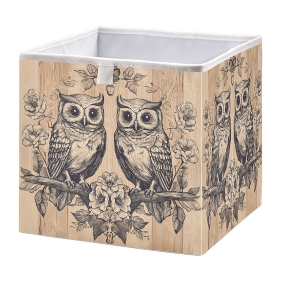WOBOGO Two Owls Sitting on Opposite Branches Storage Basket Foldable Easy to Clean Durable with Hollow Support Plate with Handle 11.02×11.02×11.02 in