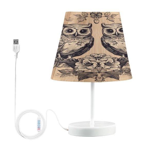 WOBOGO Two Owls Sitting on Opposite Branches Table Lamps Bedroom 3-Speed Dimmable Farm Style with Fabric Shade for Reading and Home Office