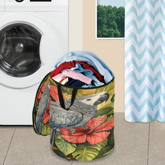 WOBOGO Two Playful Gray Parrots Foldable Laundry Baskets with Carry Handle Zipper Closure Travel Bathroom College Dorm Essentials