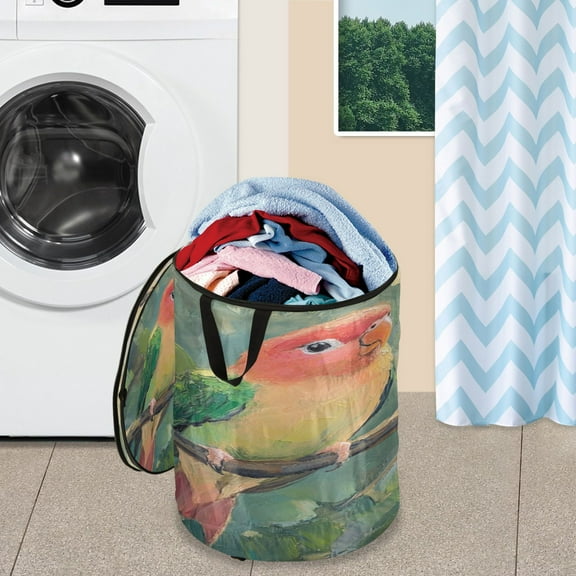 WOBOGO Two Playful Parrots Foldable Laundry Baskets with Carry Handle Zipper Closure Travel Bathroom College Dorm Essentials
