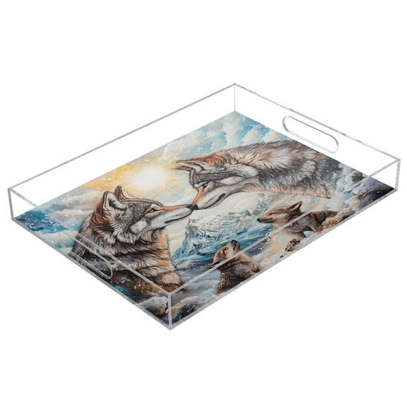 WOBOGO Two Wolf Kings Acrylic Serving Trays 15.7x11.8 Inch Spill Proof Clear Decorative Organizer with Handle